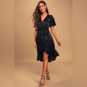 Lulu's Wrapped Up In Love Black Satin Faux-Wrap Midi Dress